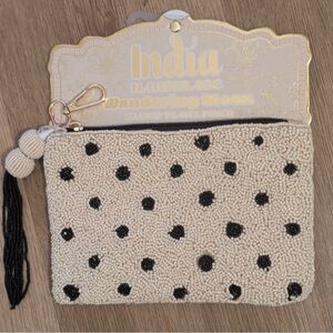 Handmade India Beaded Pouch Cream Black Polka Dot Travel Bag